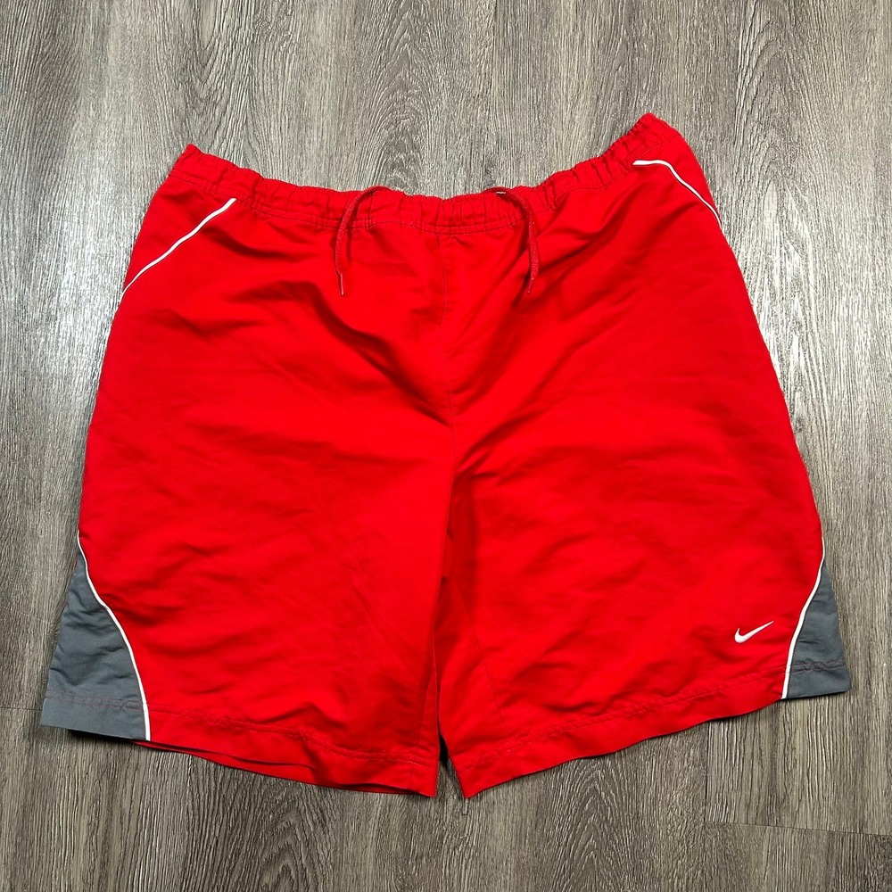Nike Swim Trunks XL‎ Red Grey White Mesh Lined Drawstring Board Shorts Y2K Baggy - Picture 1 of 8
